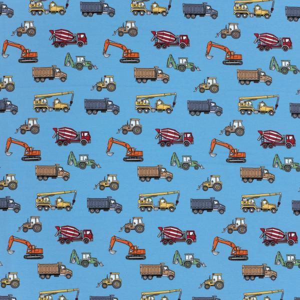 French Terry Baufahrzeuge auf Blau